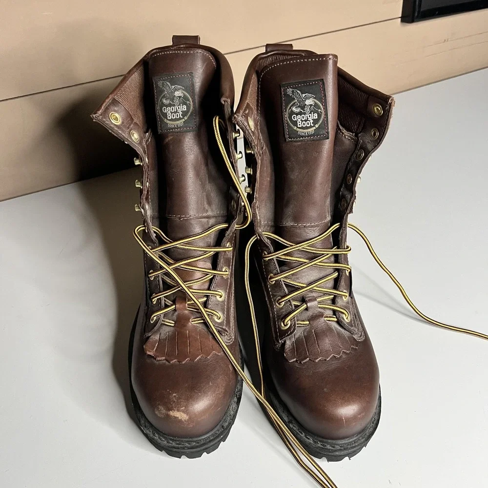 Georgia Boot Mens Brown Leather Waterproof Logger Boots Vibram Sole Kiltie